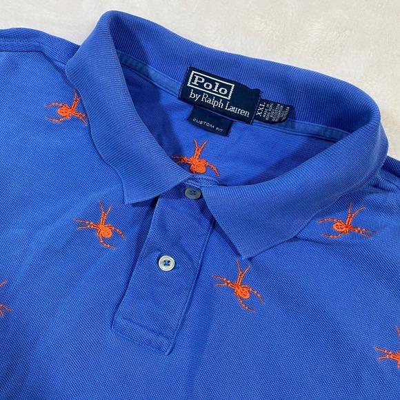 Y2K Polo Ralph Lauren Vintage Custom Fit Spider Print Blue Polo Shirt XXL - Picture 1 of 10